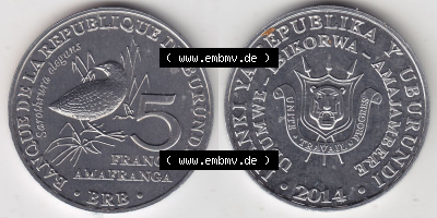 Münzen Afrika Burundi Gedenkmünzen 2014-2014, 5 Francs Vögel-Schmuckzwergralle. Vorderseite und Rückseite nebeneinander auf... Sammlung