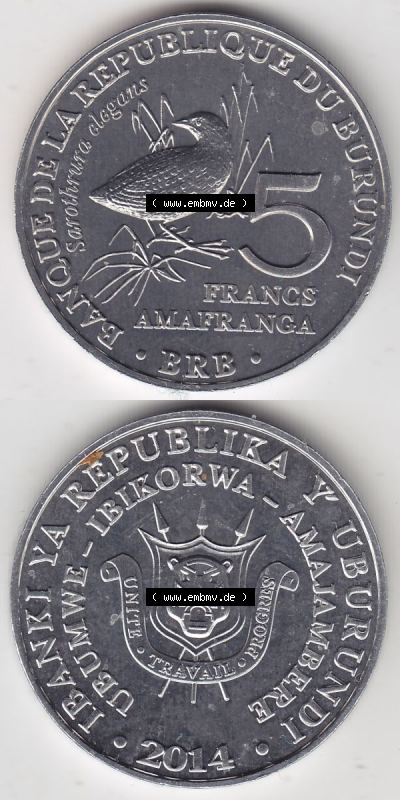 Münzen Afrika Burundi Gedenkmünzen 2014-2014, 5 Francs Vögel-Schmuckzwergralle. Vorderseite und Rückseite vertikal untereinander... Sammlung