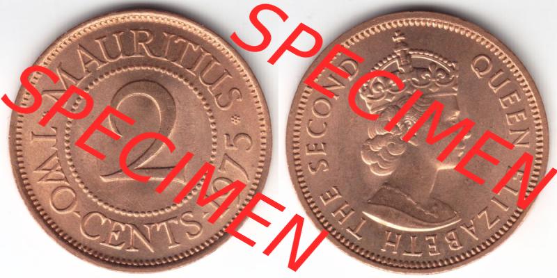 Münzen Afrika Mauritius Umlaufmünzen 1953-1978, 2 Cent 1975. Vorderseite und Rückseite nebeneinander auf einen Digitalen Bild einer Münze aus Mauritius, Mauritius... Sammlung