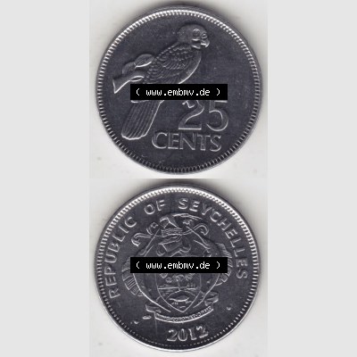 Münzen Afrika Seychellen Umlaufmünzen 1993-2012, 25 Cent 2012. Vorderseite und Rückseite vertikal untereinander auf einen Digitalen Bild einer Münze aus der Republik der... Sammlung