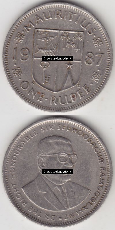 Münzen Afrika Mauritius Umlaufmünzen 1987-2010, 1 Rupie, One-Rupee 1987. Vorderseite und Rückseite vertikal untereinander auf... Sammlung