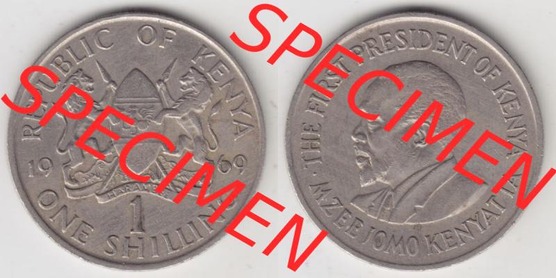 Münzen Afrika Kenia Umlaufmünzen 1969-1978, 1 Shilling 1969. Vorderseite und Rückseite nebeneinander auf einen Digitalen Bild einer Münze aus Kenia, Kenia befindet... Sammlung