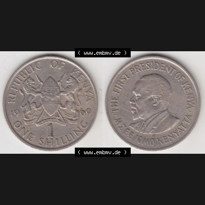 Münzen Afrika Kenia Umlaufmünzen 1969-1978, 1 Shilling 1969. Vorderseite und Rückseite nebeneinander auf einen Digitalen Bild einer Münze aus Kenia, Kenia befindet... Sammlung