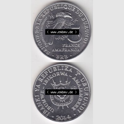 Münzen Afrika Burundi Gedenkmünzen 2014-2014, 5 Francs Vögel-Trompeterhornvogel. Vorderseite und Rückseite vertikal untereinander auf einen Digitalen Bild einer Münze... Sammlung