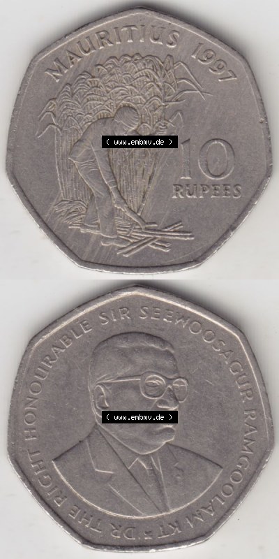 Münzen Afrika Mauritius Umlaufmünzen 1997-2000, 10 Rupien, Rupees 1997. Vorderseite und Rückseite vertikal untereinander auf... Sammlung