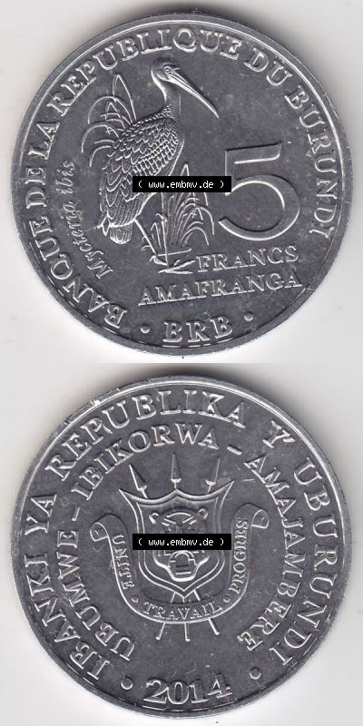 Münzen Afrika Burundi Gedenkmünzen 2014-2014, 5 Francs Vögel-Nimmersatt. Vorderseite und Rückseite vertikal untereinander... Sammlung