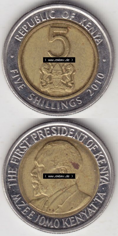 Münzen Afrika Kenia Umlaufmünzen 2010-2010, 5 Schilling - Shillings 2010. Vorderseite und Rückseite vertikal untereinander... Sammlung