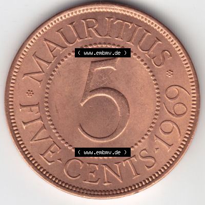 Münzen Afrika Mauritius Umlaufmünzen 1956-1978, 5 Cent 1969. Vorderseite einer Münze aus Mauritius, Mauritius befindet sich auf dem Kontinent Afrika. Hier befindet... Sammlung