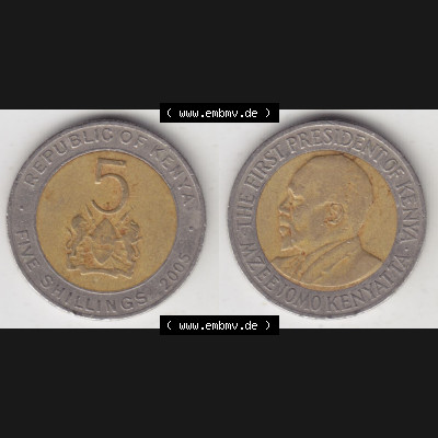 Münzen Afrika Kenia Umlaufmünzen 2005-2009, 5 Schilling - Shillings 2005. Vorderseite und Rückseite nebeneinander auf einen Digitalen Bild einer Münze aus Kenia,... Sammlung