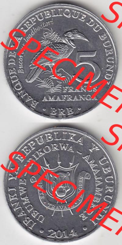 Münzen Afrika Burundi Gedenkmünzen 2014-2014, Francs Vögel-Südlicher Hornrabe. Vorderseite und Rückseite vertikal untereinander auf einen Digitalen Bild einer Münze... Sammlung
