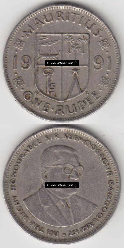 Münzen Afrika Mauritius Umlaufmünzen 1987-2010, 1 Rupie, 1 Rupee 1991. Vorderseite und Rückseite vertikal untereinander auf... Sammlung