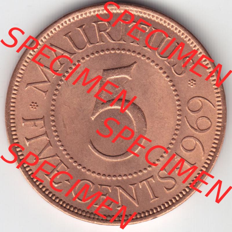Münzen Afrika Mauritius Umlaufmünzen 1956-1978, 5 Cent 1969. Vorderseite einer Münze aus Mauritius, Mauritius befindet sich auf dem Kontinent Afrika. Hier befindet... Sammlung