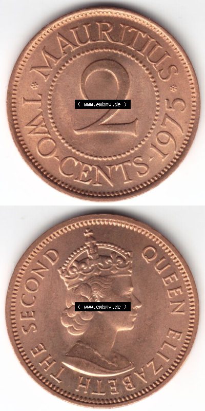Münzen Afrika Mauritius Umlaufmünzen 1953-1978, 2 Cent 1975. Vorderseite und Rückseite vertikal untereinander auf einen Digitalen... Sammlung