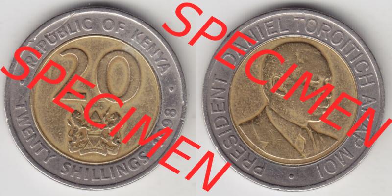 Münzen Afrika Kenia Umlaufmünzen 1998-1998, 20 Schilling - Shillings 1998. Vorderseite und Rückseite nebeneinander auf einen Digitalen Bild einer Münze aus Kenia,... Sammlung