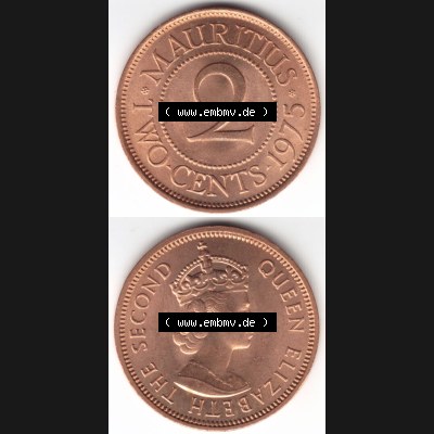 Münzen Afrika Mauritius Umlaufmünzen 1953-1978, 2 Cent 1975. Vorderseite und Rückseite vertikal untereinander auf einen Digitalen Bild einer Münze aus Mauritius,... Sammlung