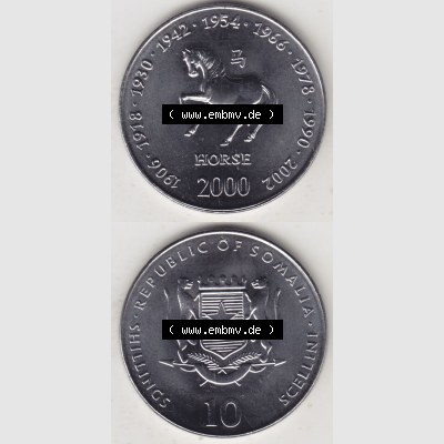 Münzen Afrika Somalia Lunar Gedenkmünzen 2000-2000, 10 Schilling mit Chinesischen Tierkreiszeichen 2002 Pferd - Horse. Vorderseite und Rückseite vertikal untereinander auf einen... Sammlung