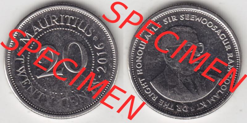 Münzen Afrika Mauritius Umlaufmünzen 1987-2016, 20 Cent 2016. Vorderseite und Rückseite nebeneinander auf einen Digitalen Bild einer Münze aus Mauritius, Mauritius... Sammlung