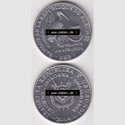 Münzen Afrika Burundi Gedenkmünzen 2014-2014, 5 Francs Vögel-Nimmersatt. Vorderseite und Rückseite vertikal untereinander auf einen Digitalen Bild einer Münze aus... Sammlung