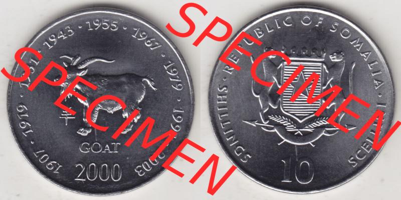Münzen Afrika Somalia Lunar Gedenkmünzen 2000-2000, 10 Schilling mit Chinesischen Tierkreiszeichen 2003 Ziege - Goat. Vorderseite und Rückseite nebeneinander auf einen Digitalen... Sammlung