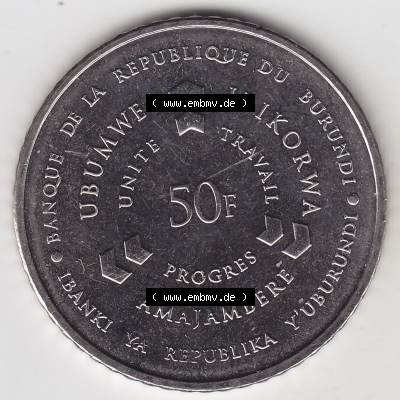 Münzen Afrika Burundi Umlaufmünzen 2011-2011, 50 France Franken 2011. Rückseite einer Münze aus Burundi, Burundi befindet sich auf dem Kontinent Afrika. Hier... Sammlung