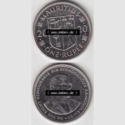 Münzen Afrika Mauritius Umlaufmünzen 2012-2020, 1 Rupie, 1 Rupee 2020. Vorderseite und Rückseite vertikal untereinander auf einen Digitalen Bild einer Münze aus Mauritius,... Sammlung