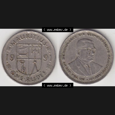 Münzen Afrika Mauritius Umlaufmünzen 1987-2010, 1 Rupie, 1 Rupee 1991. Vorderseite und Rückseite nebeneinander auf einen Digitalen Bild einer Münze aus Mauritius,... Sammlung