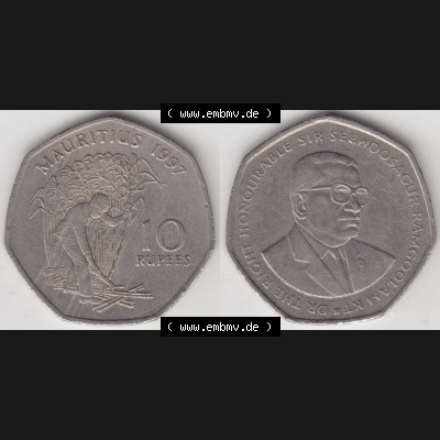 Münzen Afrika Mauritius Umlaufmünzen 1997-2000, 10 Rupien, Rupees 1997. Vorderseite und Rückseite nebeneinander auf einen Digitalen Bild einer Münze aus Mauritius,... Sammlung