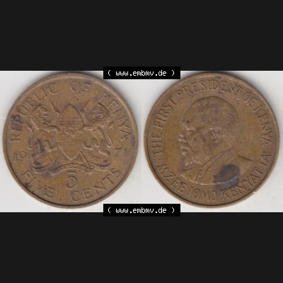 Münzen Afrika Kenia Umlaufmünzen 1969-1978, 5 Cent des Schillings 1971. Vorderseite und Rückseite nebeneinander auf einen Digitalen Bild einer Münze aus Kenia, Kenia... Sammlung