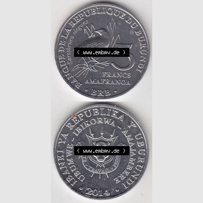 Münzen Afrika Burundi Gedenkmünzen 2014-2014, 5 Francs Vögel-Schmuckzwergralle. Vorderseite und Rückseite vertikal untereinander auf einen Digitalen Bild einer Münze... Sammlung