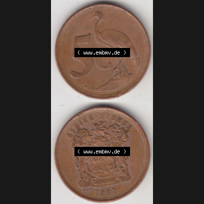 Münzen Afrika Südafrika Umlaufmünzen 1996-2000, 5 Cent 1997 (4) Sammlung