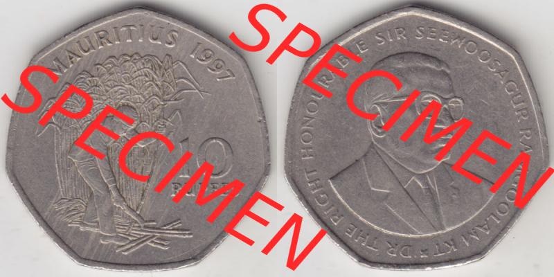 Münzen Afrika Mauritius Umlaufmünzen 1997-2000, 10 Rupien, Rupees 1997. Vorderseite und Rückseite nebeneinander auf einen Digitalen Bild einer Münze aus Mauritius,... Sammlung