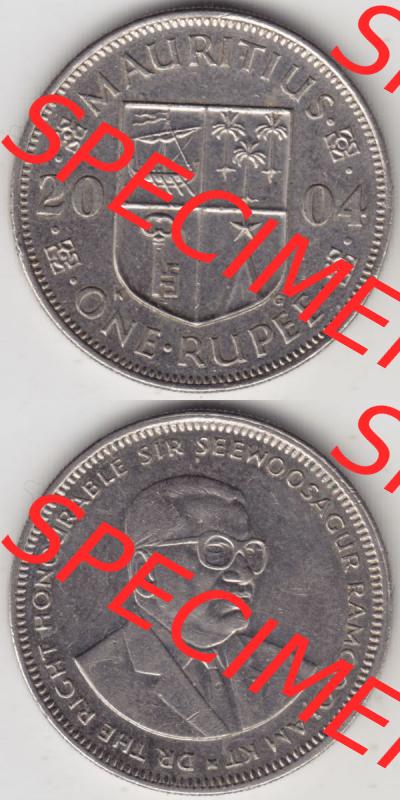 Münzen Afrika Mauritius Umlaufmünzen 1987-2010, 1 Rupie, One-Rupee 2004. Vorderseite und Rückseite vertikal untereinander auf einen Digitalen Bild einer Münze aus... Sammlung