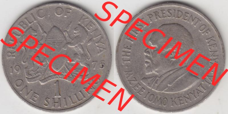 Münzen Afrika Kenia Umlaufmünzen 1969-1978, 1 One Shilling, Schilling1975. Vorderseite und Rückseite nebeneinander auf einen Digitalen Bild einer Münze aus Kenia,... Sammlung