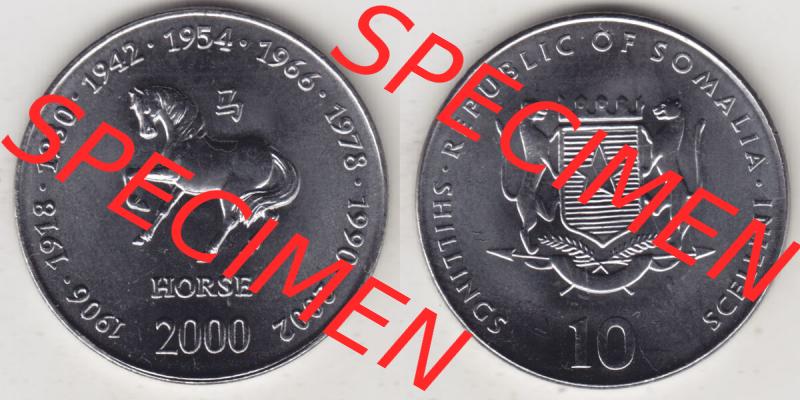 Münzen Afrika Somalia Lunar Gedenkmünzen 2000-2000, 10 Schilling mit Chinesischen Tierkreiszeichen 2002 Pferd - Horse. Vorderseite und Rückseite nebeneinander auf einen Digitalen... Sammlung