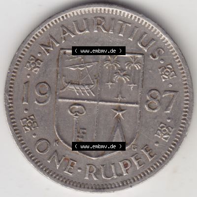 Münzen Afrika Mauritius Umlaufmünzen 1987-2010, 1 Rupie, One-Rupee 1987. Vorderseite einer Münze aus Mauritius, Mauritius befindet sich auf dem Kontinent Afrika.... Sammlung