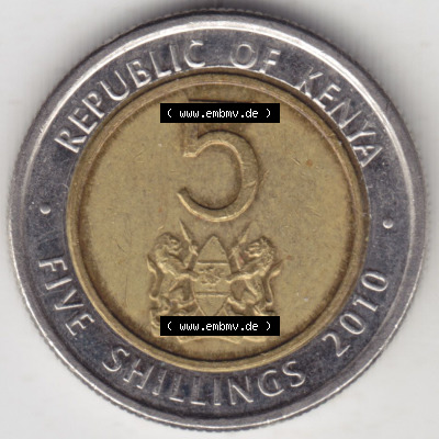 Münzen Afrika Kenia Umlaufmünzen 2010-2010, 5 Schilling - Shillings 2010. Vorderseite einer Münze aus Kenia, Kenia befindet... Sammlung