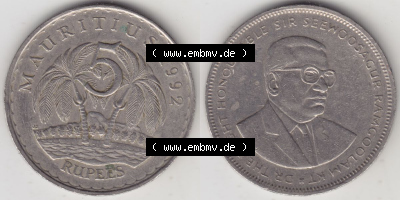 Münzen Afrika Mauritius Umlaufmünzen 1987-2010, 5 Rupien, Rupees 1992. Vorderseite und Rückseite nebeneinander auf einen Digitalen... Sammlung