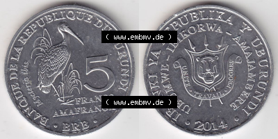 Münzen Afrika Burundi Gedenkmünzen 2014-2014, 5 Francs Vögel-Nimmersatt. Vorderseite und Rückseite nebeneinander auf einen... Sammlung
