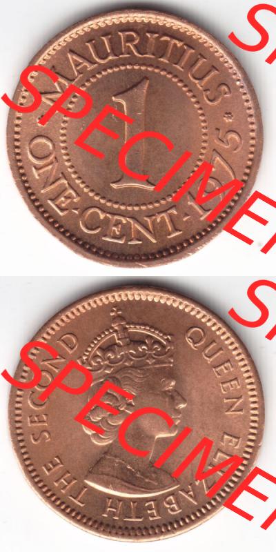 Münzen Afrika Mauritius Umlaufmünzen 1953-1978, 1 Cent 1975. Vorderseite und Rückseite vertikal untereinander auf einen Digitalen Bild einer Münze aus Mauritius,... Sammlung