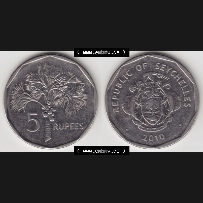 Münzen Afrika Seychellen Umlaufmünzen 1982-2010, 5 Rupien Rupess 2010. Vorderseite und Rückseite nebeneinander auf einen Digitalen Bild einer Münze aus der Republik der... Sammlung
