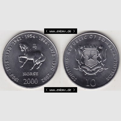 Münzen Afrika Somalia Lunar Gedenkmünzen 2000-2000, 10 Schilling mit Chinesischen Tierkreiszeichen 2002 Pferd - Horse. Vorderseite und Rückseite nebeneinander auf einen Digitalen... Sammlung