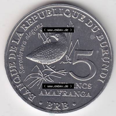 Münzen Afrika Burundi Gedenkmünzen 2014-2014, 5 Francs Vögel-Schmuckzwergralle. Vorderseite einer Münze aus Burundi, Burundi befindet sich auf dem Kontinent Afrika.... Sammlung
