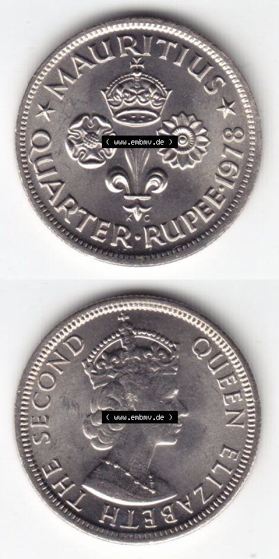 Münzen Afrika Mauritius Umlaufmünzen 1960-1978, 0,25 Quarter Rupie 1978. Vorderseite und Rückseite vertikal untereinander auf... Sammlung