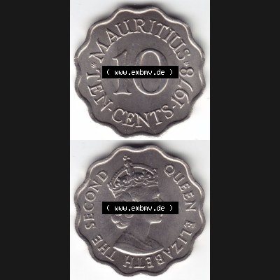 Münzen Afrika Mauritius Umlaufmünzen 1954-1978, 10 Cent 1978. Vorderseite und Rückseite vertikal untereinander auf einen Digitalen Bild einer Münze aus Mauritius,... Sammlung