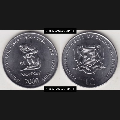 Münzen Afrika Somalia Lunar Gedenkmünzen 2000-2000, 10 Schilling mit Chinesischen Tierkreiszeichen 2004 Affe - Monkey. Vorderseite und Rückseite nebeneinander auf einen Digitalen... Sammlung