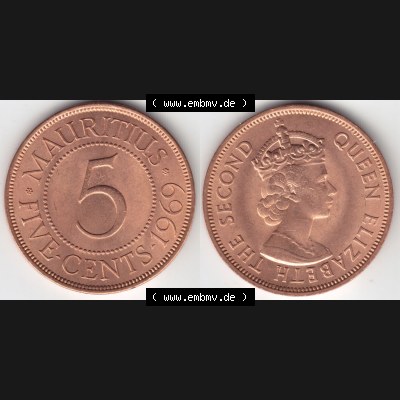 Münzen Afrika Mauritius Umlaufmünzen 1956-1978, 5 Cent 1969. Vorderseite und Rückseite nebeneinander auf einen Digitalen Bild einer Münze aus Mauritius, Mauritius... Sammlung