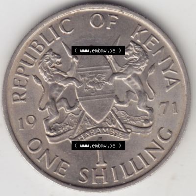 Münzen Afrika Kenia Umlaufmünzen 1969-1978, 1 One Shilling, Schilling 1971. Vorderseite einer Münze aus Kenia, Kenia befindet sich auf dem Kontinent Afrika.... Sammlung