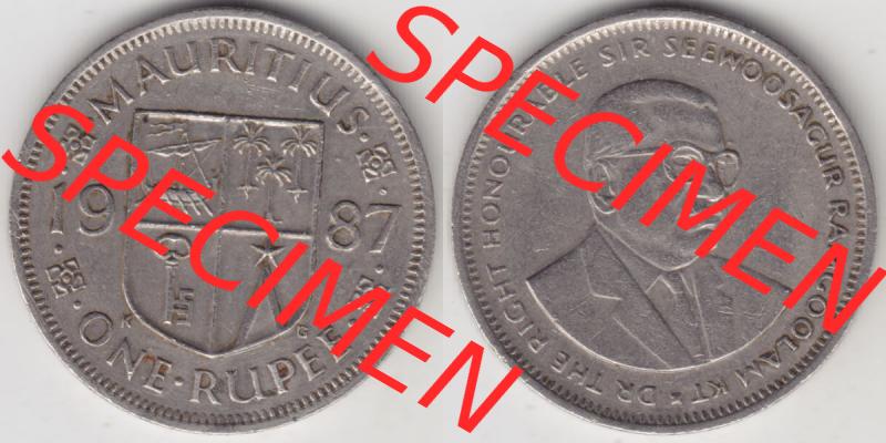 Münzen Afrika Mauritius Umlaufmünzen 1987-2010, 1 Rupie, One-Rupee 1987. Vorderseite und Rückseite nebeneinander auf einen Digitalen Bild einer Münze aus Mauritius,... Sammlung