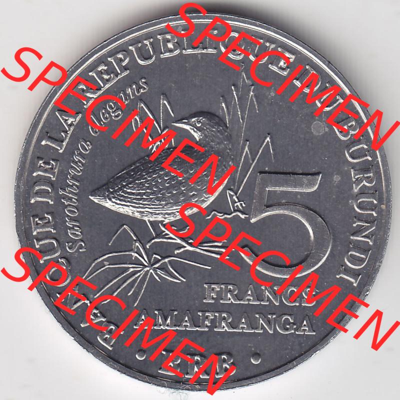 Münzen Afrika Burundi Gedenkmünzen 2014-2014, 5 Francs Vögel-Schmuckzwergralle. Vorderseite einer Münze aus Burundi, Burundi befindet sich auf dem Kontinent Afrika.... Sammlung