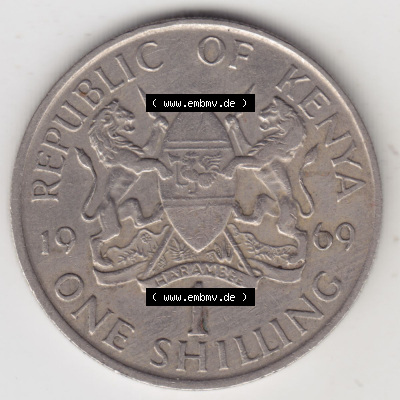 Münzen Afrika Kenia Umlaufmünzen 1969-1978, 1 Shilling 1969. Vorderseite einer Münze aus Kenia, Kenia befindet sich auf dem... Sammlung